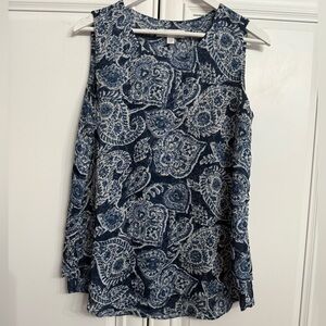 Cristina B Size Small Sleeveless Blue and White Paisley Print Flounce Hem Blouse